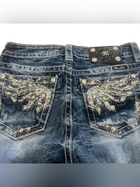 Y2K Miss Me Angel Wing Rhinestone Bling Mid Rise Capri Jeans
